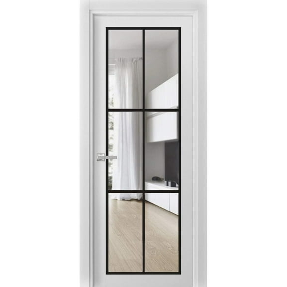 Solid French Pre-Hung Door 18 x 84 inches | Lucia 2366 White Silk Clear Glass | Single Regular Panel Frame Trims Handle | Bathroom Bedroom Sturdy Doors