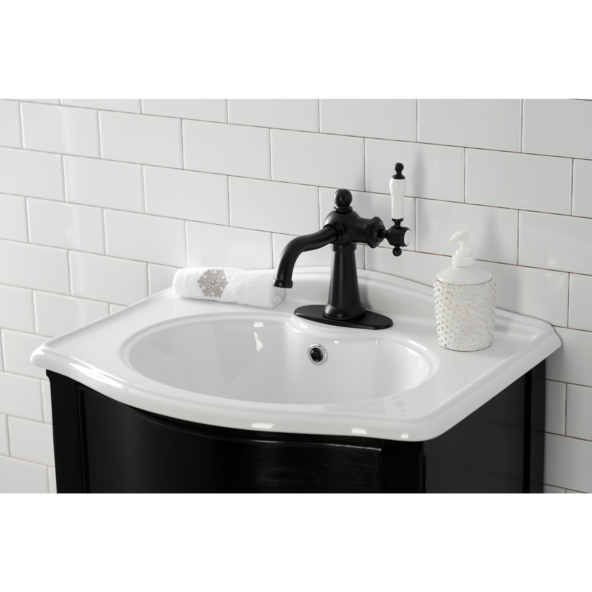 Kingston Brass KSD154KLMB Nautical One-Handle Single-Hole Bathroom Faucet with Deck Plate and Push Pop-Up Drain, Matte Black