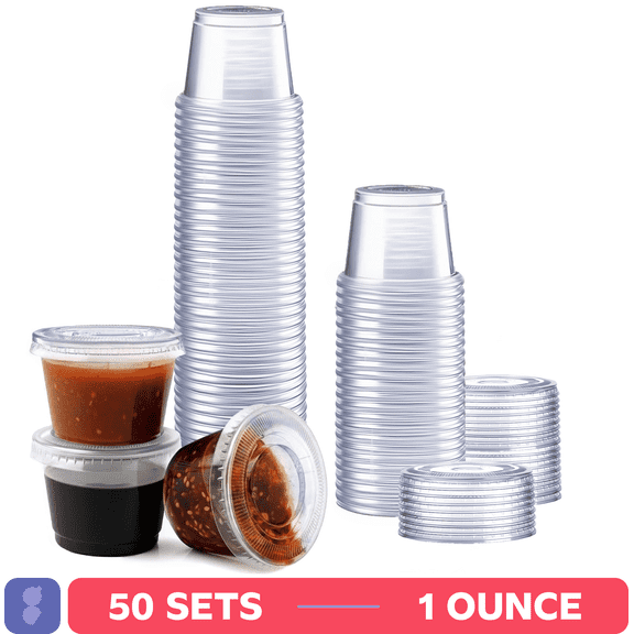GUSTO 1 oz Jello Shot Cups with Lids, 50 Sets Clear Plastic Condiment Cups for Sauces, Dressings & Food Samples