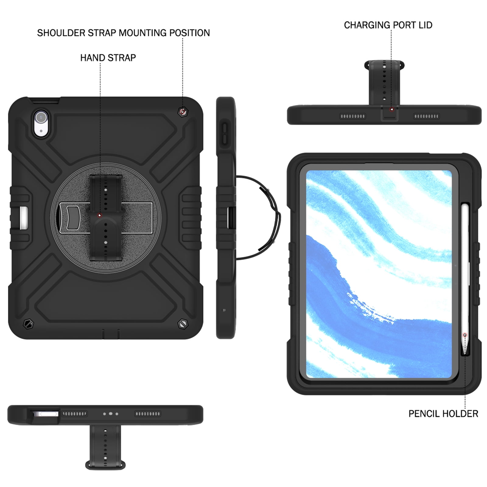 Military Grade Case for Apple iPad Air 11 inch 2024,Shoulder Strap Shockproof iPad Case with Pencil Holder 360 Rotating Hand Strap+Kicstand Rugged Siicone and Hard PC Case,Black