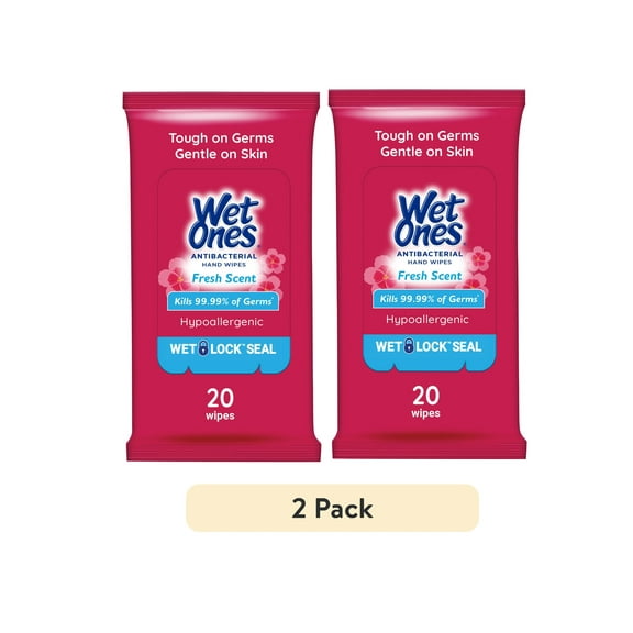 Wet Ones Antibacterial Hand Wipes, Fresh Scent, 20 Ct Travel Pack, Hypoallergenic pack of 2