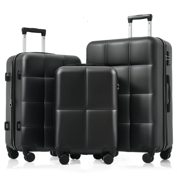 Luggage Set of 3, Airline Certified Carry-on Luggage with Cup Holder, ABS Hard Shell Luggage with Spinner Wheels, black