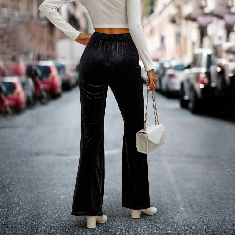 Hfyihgf High Waisted Velvet Flare Pants for Women Elastic Business Casual  Work Long Pants Solid Color Bell Bottom Trousers(Black,L) 