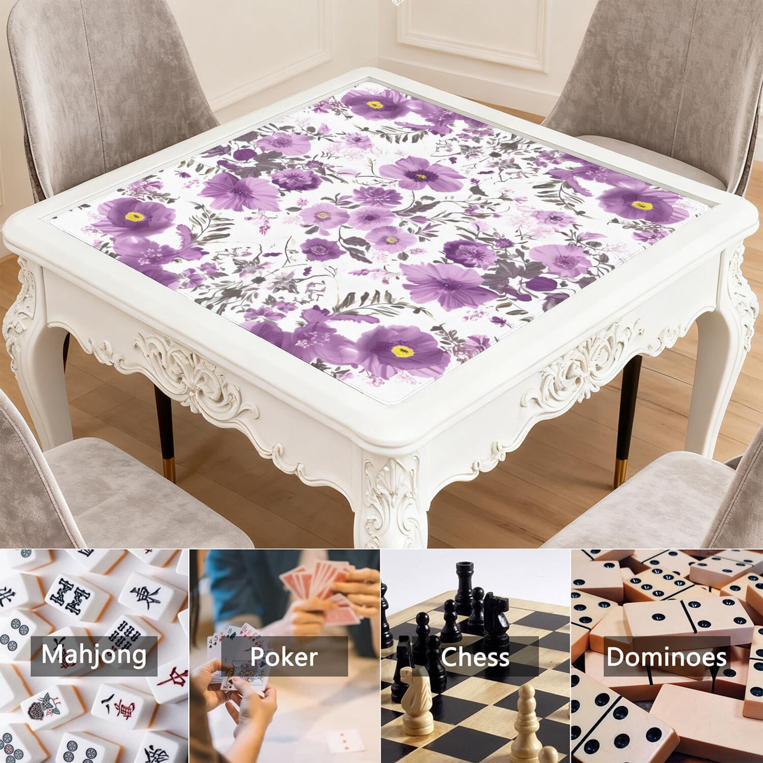 Decorative Floral Rubber Game Room Cover 31.5x31.5 Inch Mahjong Table Mat Large Size Anti-Slip Grip Noise Dampening for Tiles & Family Games