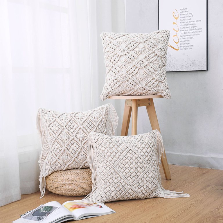 Throw Pillow Covers, Macrame Cushion Case, Woven Boho Cushion Cover for Bed Sofa