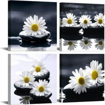 -Black and White Wall Art Zen Décor Canvas Print Daisy Poster Painting Flower Stone Picture Meditation Artwork for Bathroom Decoration Dining Wall Art Bedroom Living Room Decor Office Framed