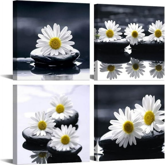 -Black and White Wall Art Zen Décor Canvas Print Daisy Poster Painting Flower Stone Picture Meditation Artwork for Bathroom Decoration Dining Wall Art Bedroom Living Room Decor Office Framed