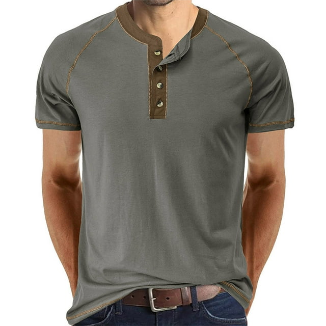 JURANMO Chemises Henley pour Hommes Mode Patchwork Manches Courtes T-shirts Décontractés Col Rond Tee Hauts Offres du Jour Gris Foncé TG