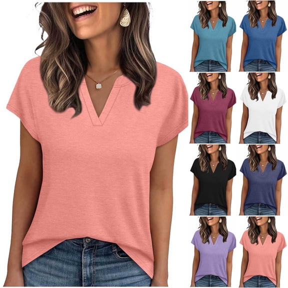 Utoimkio Women's Tunic Tops Loose Fit Short Sleeve Shirts V Neck Summer Casual Blouses Size S-XXL