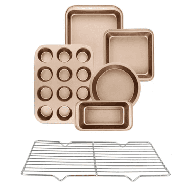 DONEPART 6 Piece Baking Pan Sets,Perfect Non-stick Bakeware Sets with 12 Cups Muffin Pan,Round/Square Cake Pan,Loaf Pan, Baking Pan,Carbon Steel Baking Set,Gold