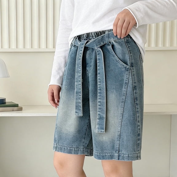 Amidoa Wide Leg Girls Jeans Shorts Casual Baggy Summer Kids Denim Shorts Blue Size 8