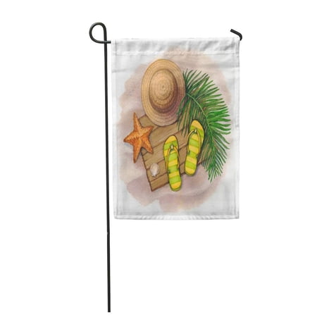 KDAGR Watercolor Beach Summer Holiday Straw Hat Flip Flops Shells and Starfishes Garden Flag Decorative Flag House Banner 28x40 inch