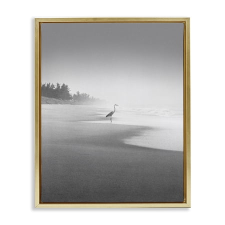Stupell Industries Heron on Beach Coast Coastal Photography Gold Floater Framed Canvas Art Print Wall Art 25 x 31