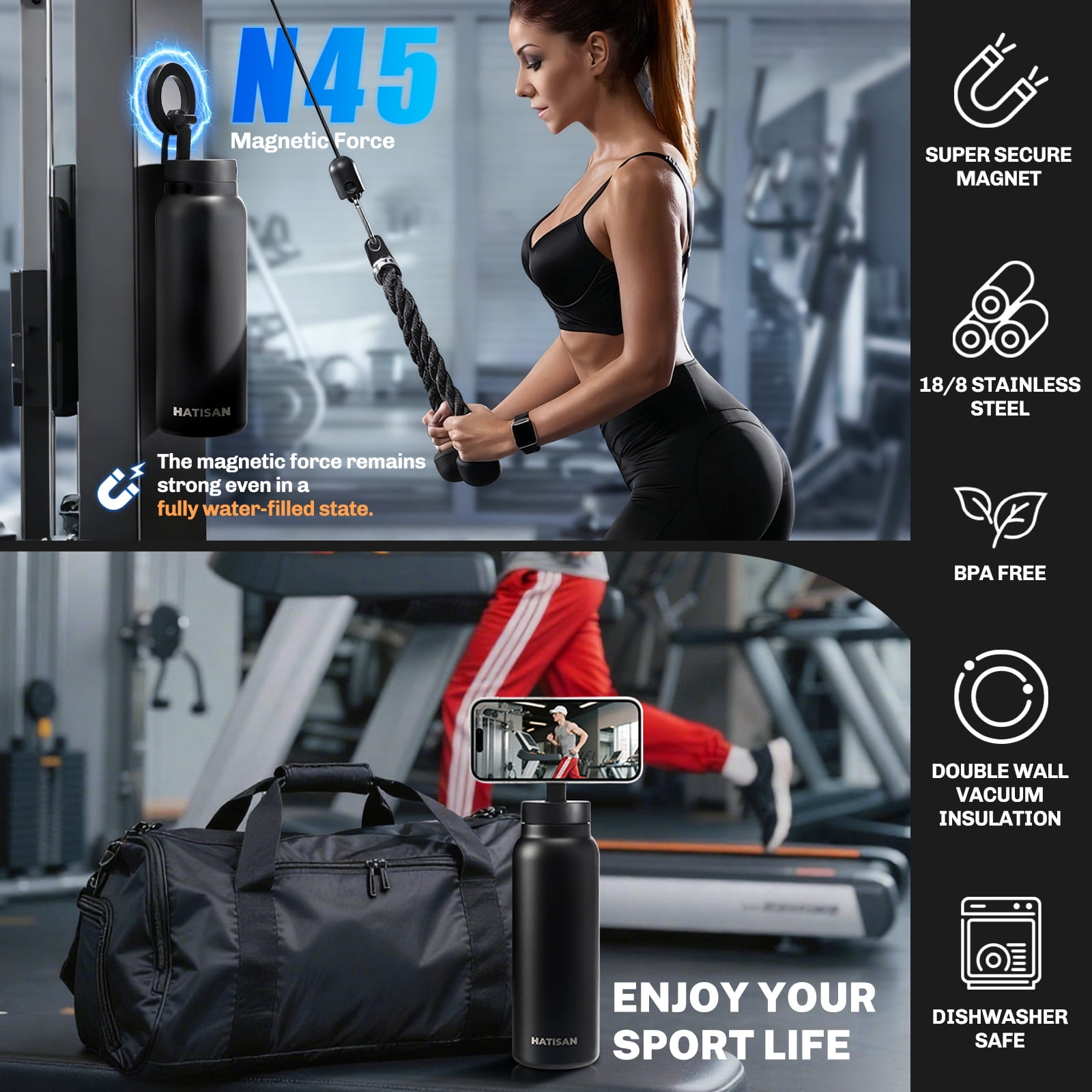Hatisan 24 oz Insulated Water Bottle, Magnetic Stainless Steel Water Bottle, with Mobile Phone Holder Tripod, Hot for 12H, Cold for 24H(Black)