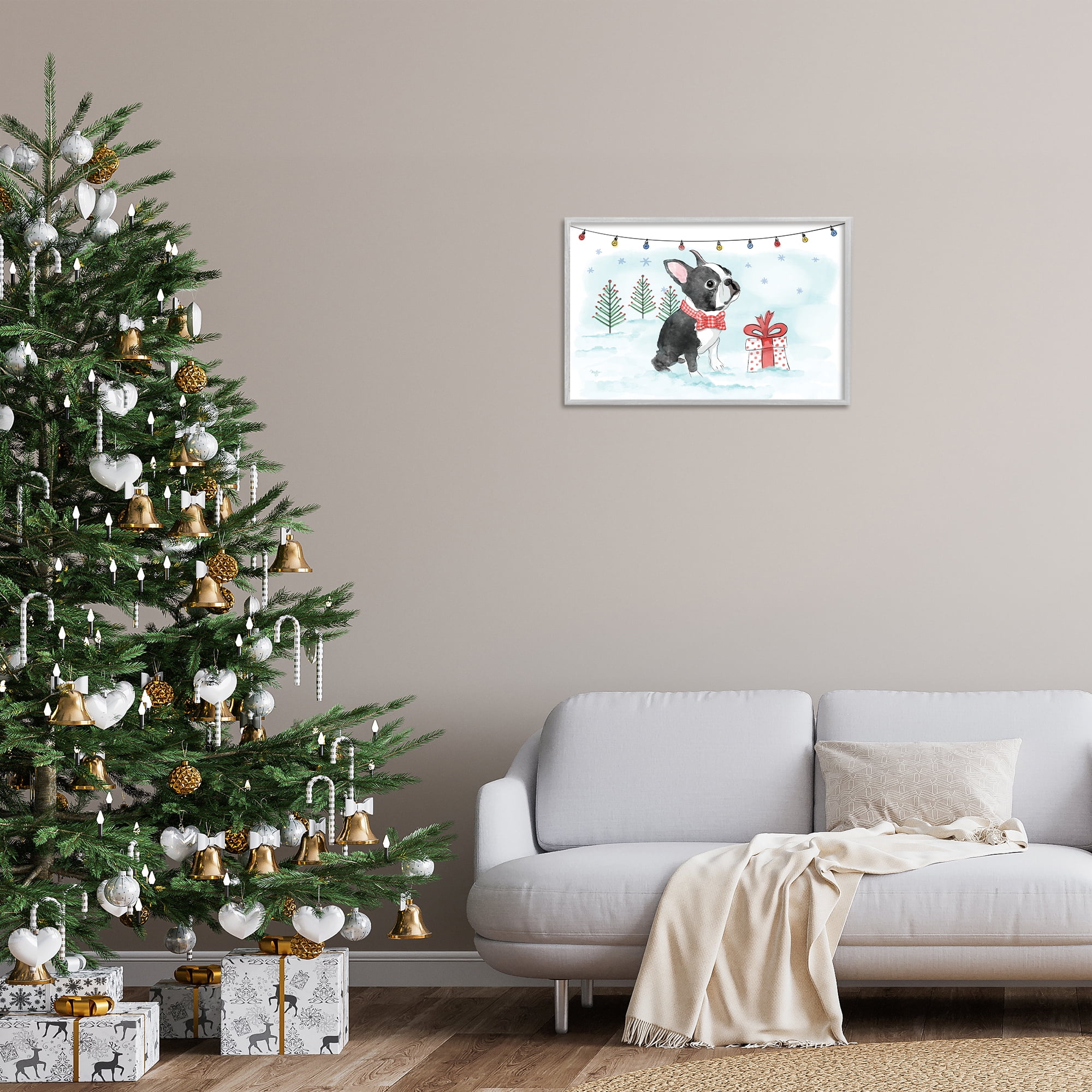 Stupell Industries Snowy Boston Terrier Holiday Painting Gray Framed Art Prints Wall Art, 24 x 16