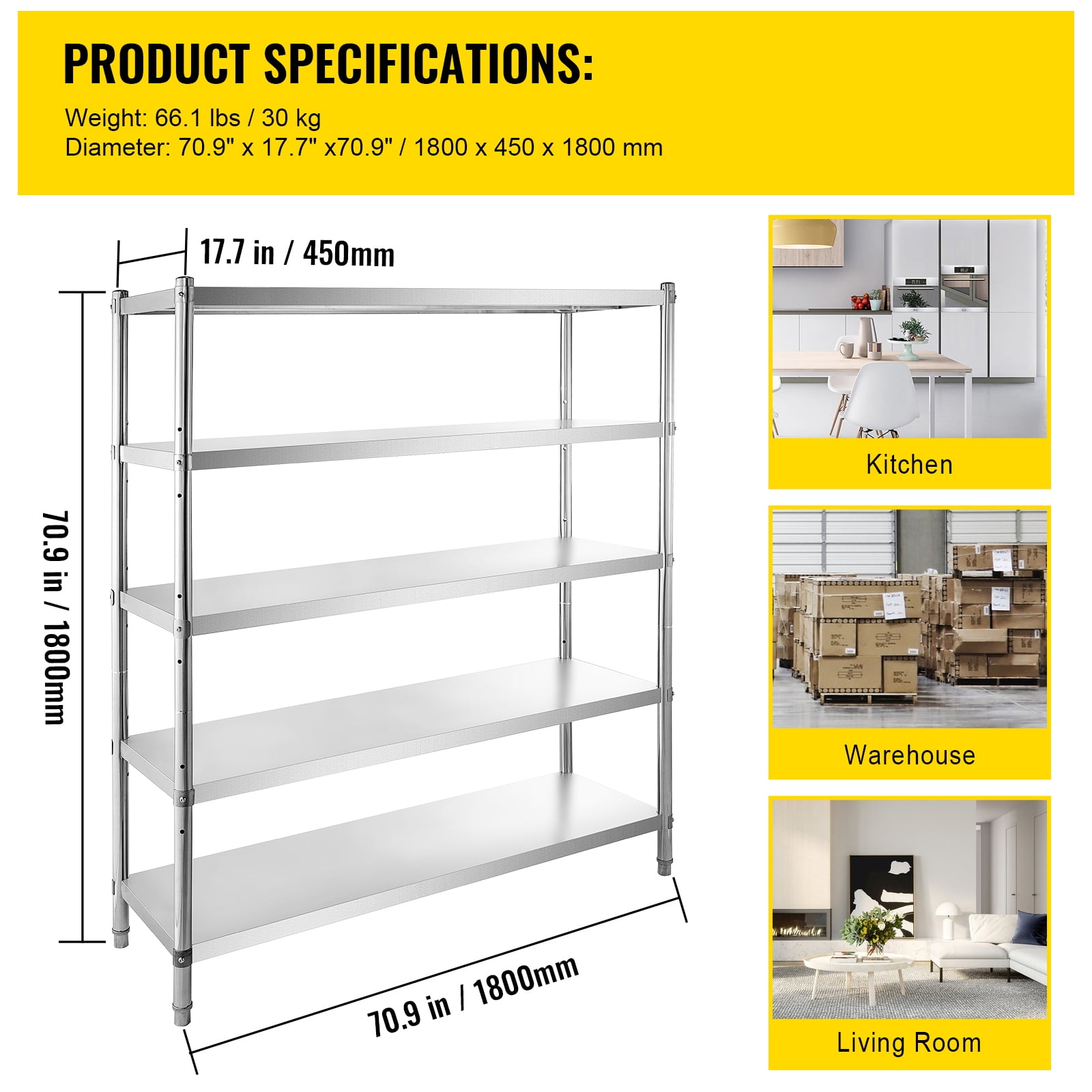 KFFKFF 5-Tier Storage Shelving Unit, 70.9 x 17.7 x 59 inch Storage Shelf, Stainless Steel Garage Shelf, Heavy Duty Storage Shelving, 1650 Lbs Total Capacity with Adjustable Height