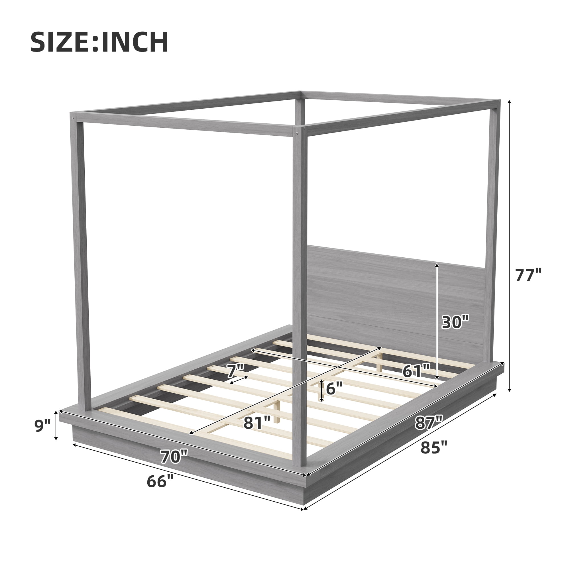 Euroco Wood Queen Size Canopy Bed, Four Poster Platform Bed, No Box Spring Needed, Gray