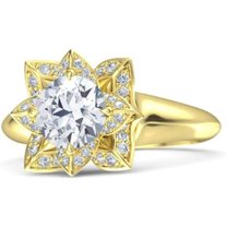 Elegant Lotus Flower Round Cut Diamond Wedding Engagement Ring For Women In 925 Sterling Silver 14K Yellow Gold Plating