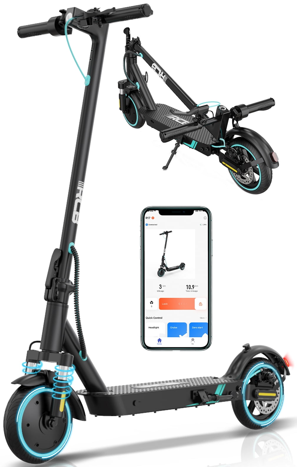 RCB Electric Scooter for Adults, E-Scooter with APP control, 350W Motor, Max Speed 19 mph, electric scooters for adults foldable