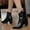 Black, variant on Herrnalise Women's Plus Size Fashion Stone Grain Point Toe Thick Heel Boots Zipper Booties clearance under $10