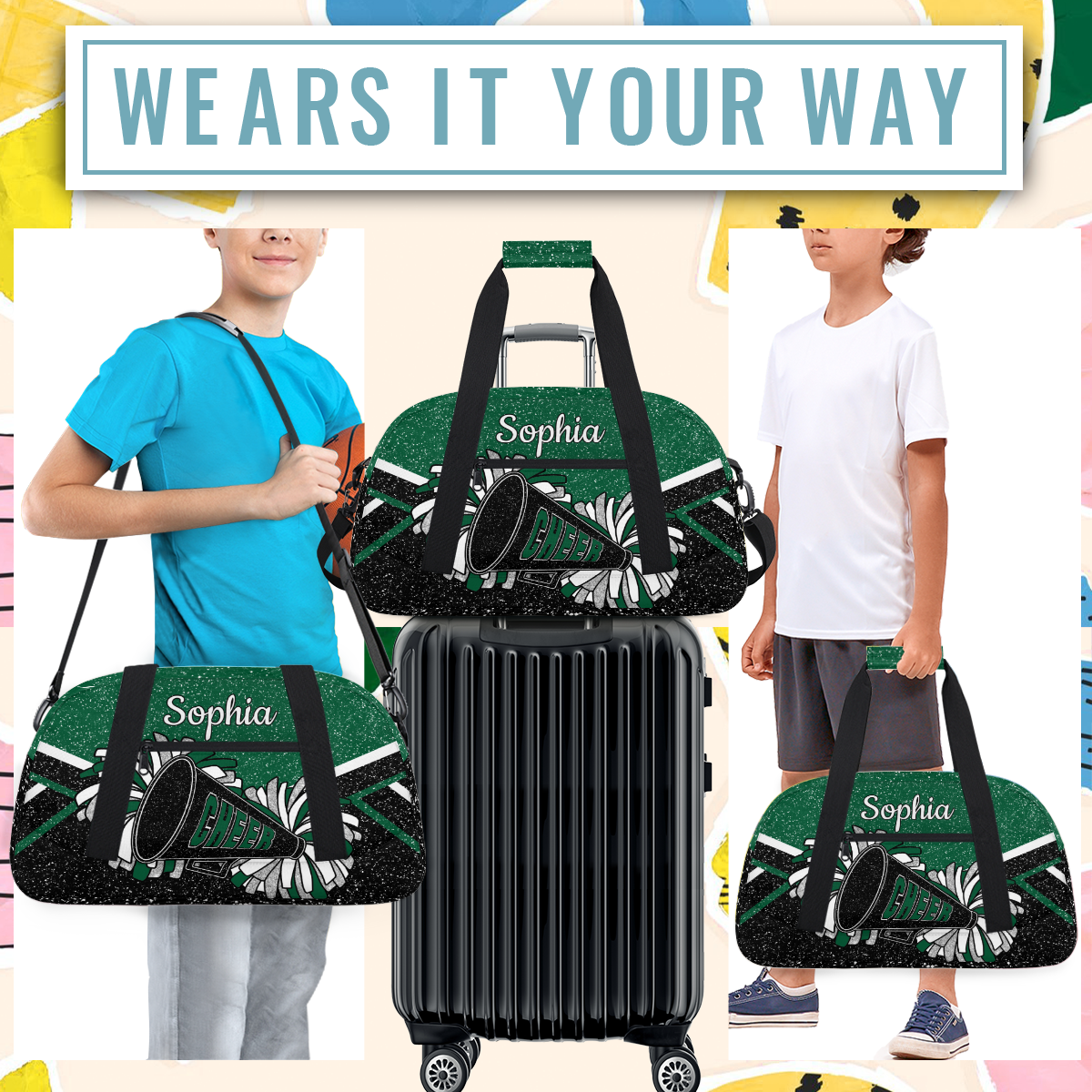 Jiaoprinted Personalized Cheer Bag for Women, Custom Sport Duffel Bag with Name, Customized Gym Bag, Weekender Overnight Bag, Cheerleading Gifts, Black Green Glitter