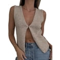 thumbnail image 2 of Womens Vintage Knittd Tank Y2k Vest Crop Top Sleeveless V-Neck Open Front Button Crochet Knit Vests Oatmeal Color S, 2 of 8