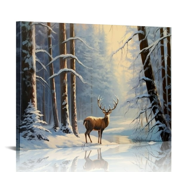 COMIO Winter Christmas Scenes Deer Snow Lake Poster Canvas Print Wall Art Wall Pictures Home Bedroom Living Room Wall Decoration