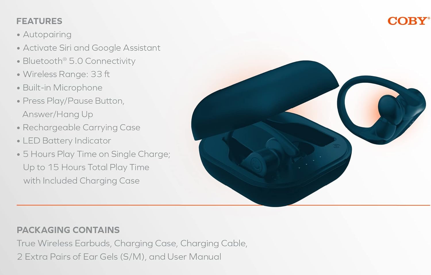 COBY True Sport Wireless Earbuds with Playback Controls, Bluetooth Earbuds for Phones & iPads, Blue