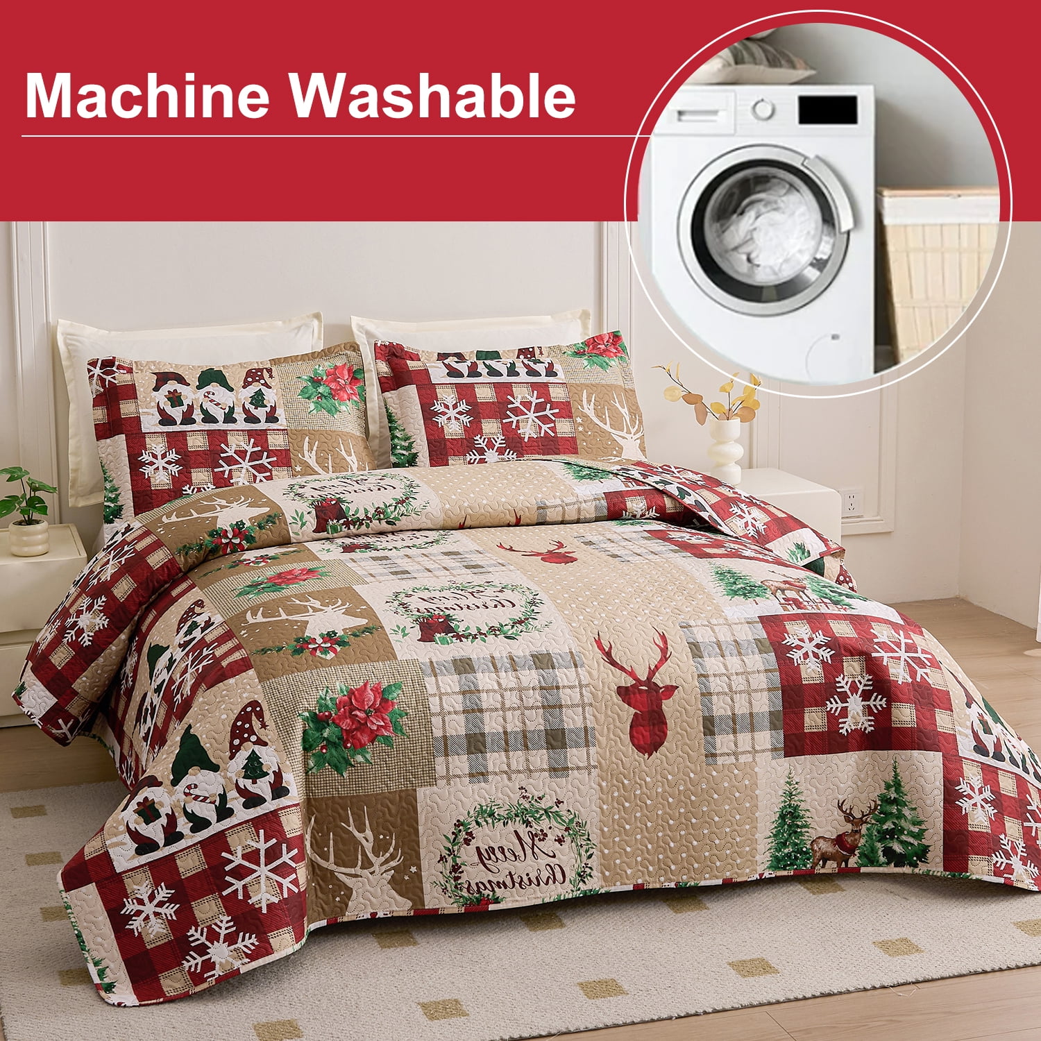Smuge Christmas Quilt Sets Twin Size Deer Bedding Sets Snowflake Wreath Xmas Bedspread Lightweight Coverlet with 2 Pillow Shams, Red Beige Green