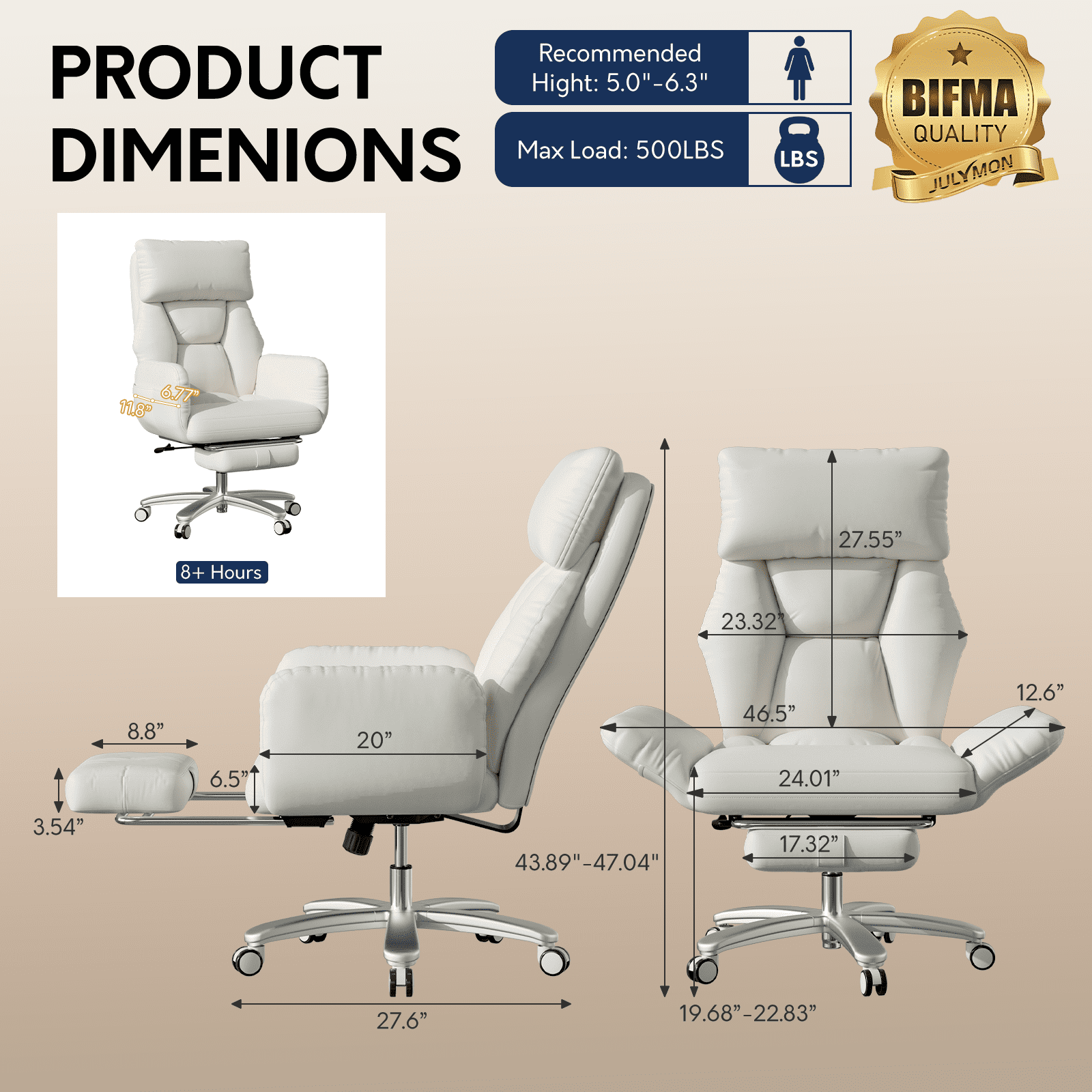 Genpo Criss Cross Desk Chair, Cross Legged Office Chair with Wheels, White Leather Big and Tall Reclining Office Chair 500lbs with Foot Rest, Reversible Armrests & Wide Seat