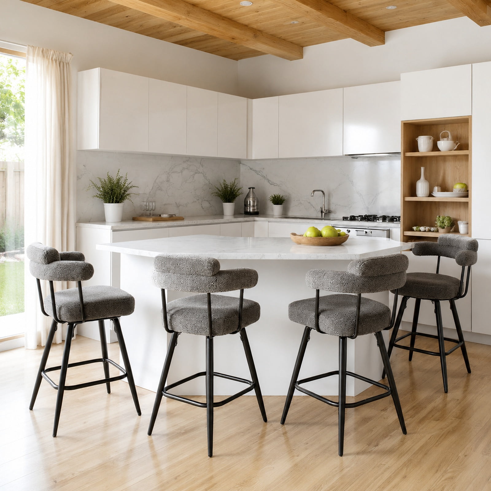 Furnibear Swivel Bar Stool Set of 2 Counter Height Chairs with Curved Back and Arms for Kitchen Island Counter Bar Pub Dining Home, Grey