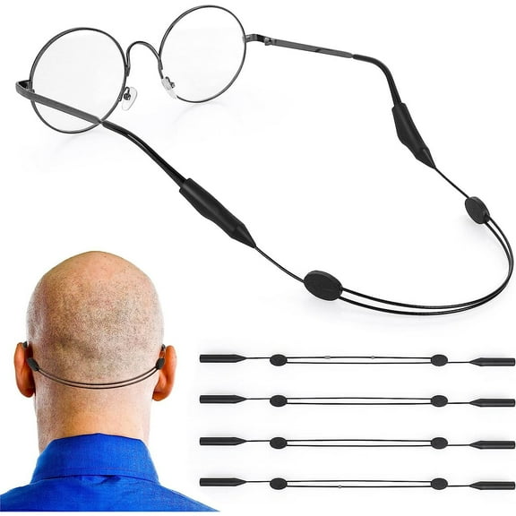 Adjustable Glasses Straps, 4-Pack Tail-Free Eyewear Retainer, Silicone Neck Lanyard for Sunglasses & Reading Glasses - Black