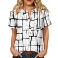 thumbnail image 3 of Women's Artistic Floral & Abstract Print Henley Top - Short Sleeve Button Down Tunic Blouse with Pocket, Loose Fit Casual V-Neck Shirt for Summer Multicolor XL, 3 of 9
