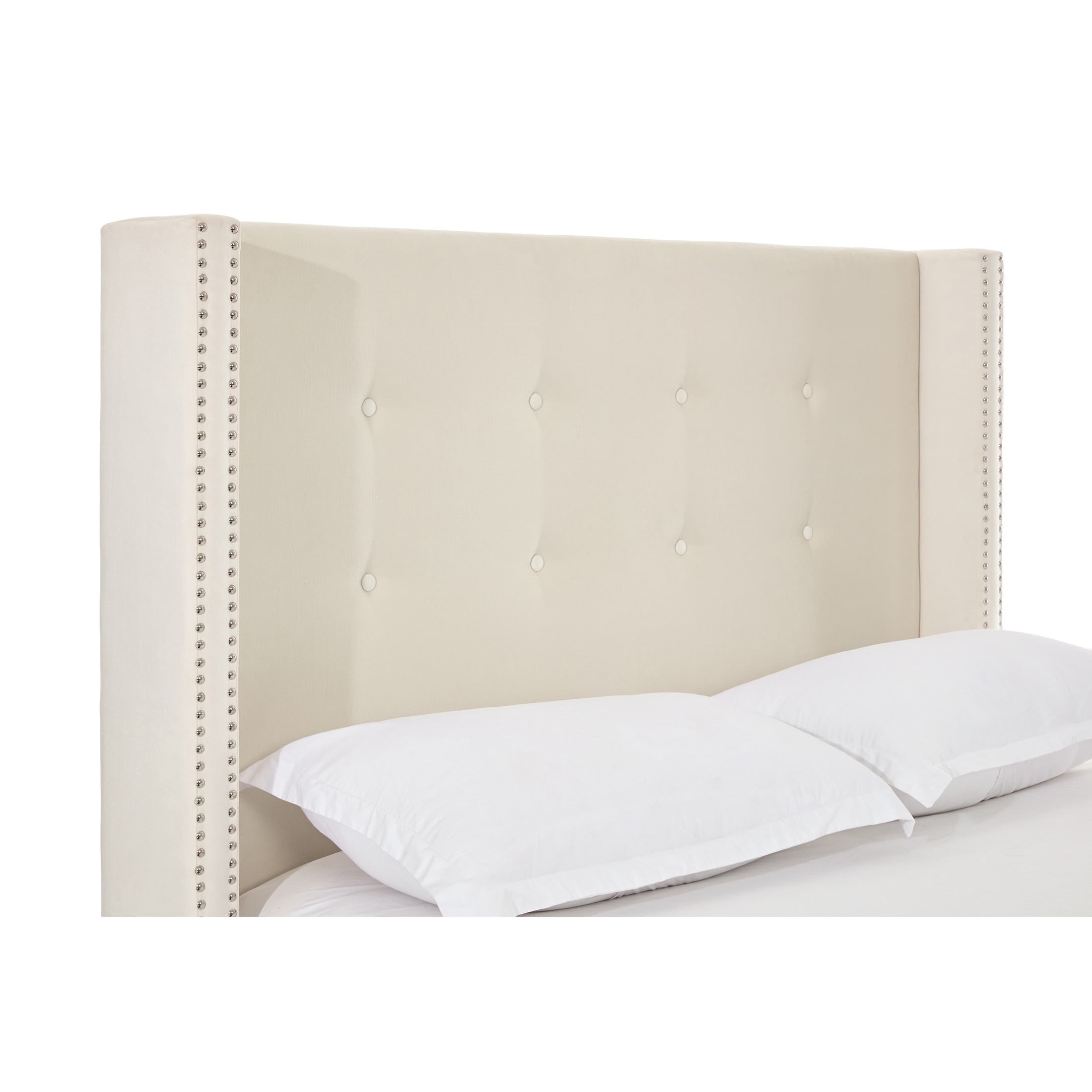 Noble House Peyton Indoor Button Diamond Tufted Velvet Upholstery Queen Bed with Wingback, Ivory