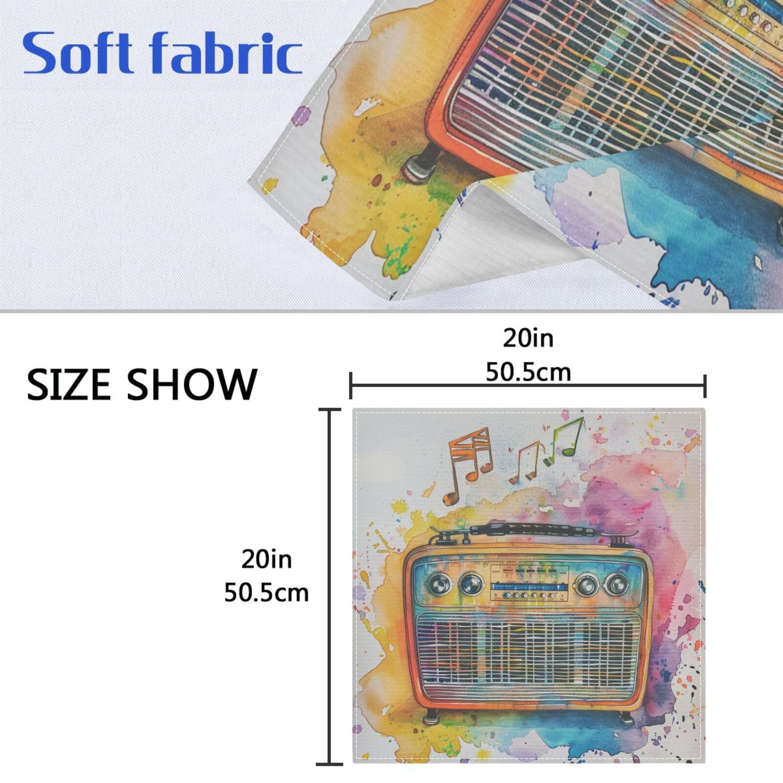 JSTEL Music Note Rainbow Radio Cloth Napkins Set of 6, 20x20 Inch Washable and Reusable Napkin for Decoupage Dinner Party Everyday Use
