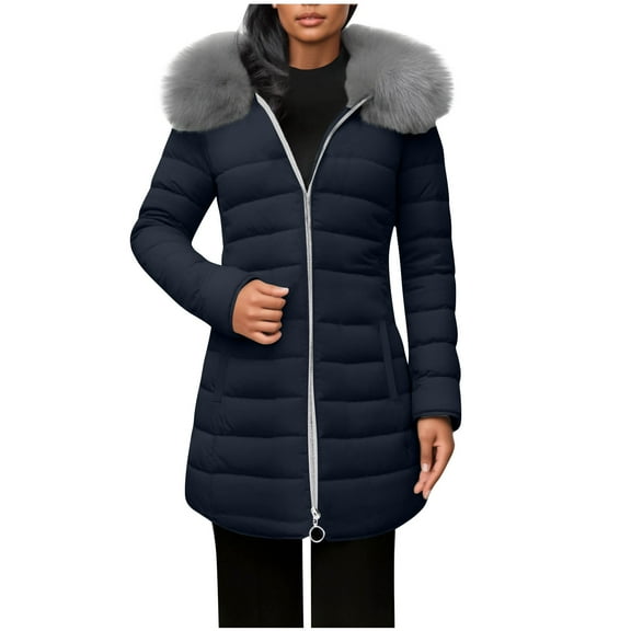 Fnooota Womens Puffer Jackets with Hood, Mid-length Zip Front Warm Windproof Winter Coats Outerwear Navy Size S-4XL