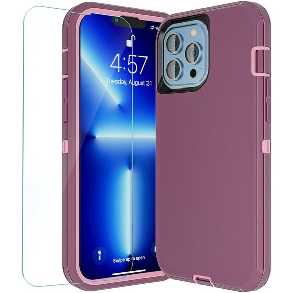 Compatible for iPhone 13 Pro Max Case/iPhone 12 Pro Max Case with Glass Screen Protector,Heavy Duty 3-Layer Rugged Military Grade Full Body Drop Protection Shockproof Case 6.7 inch-Dark Redged