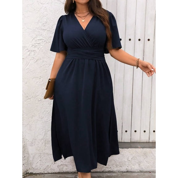 Plus Size Womens Navy Blue Solid V-Neck Wrap Short Sleeve Maxi Dress