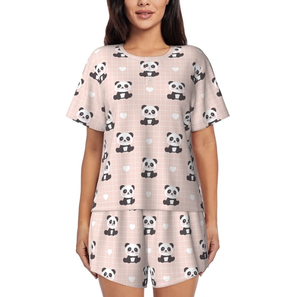 Balery Cute Panda Conjunto de Pijama para Mujer con Estampado, Dos Piezas de Manga Corta y Shorts, Ropa de Dormir Suave con Cuello Redondo y Bolsillos-Small