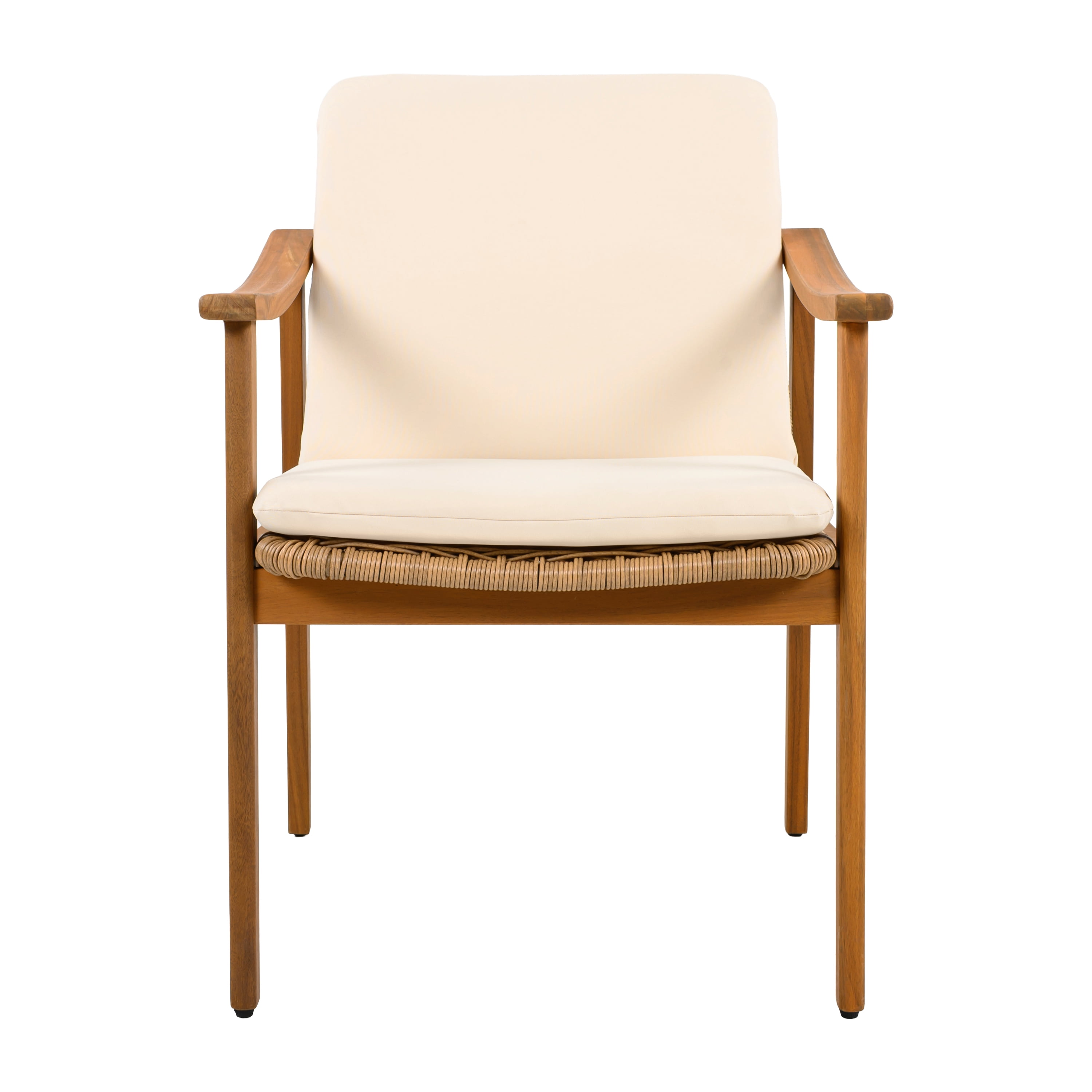 Outdoor Dining Chairs Set of 2, Teak Color Acacia Wood Frame Brown PE Wicker Beige Waterproof Cushion, Teak