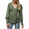 thumbnail image 1 of Prolriy Chandails pour Femmes, Chandail Cache-Cœur Col en V Automne Hiver Manches Ballon Tricoté Côtelé Chandail à Nouer devant Haut Jumper Chandails Femmes Hauts Femmes, 1 of 9