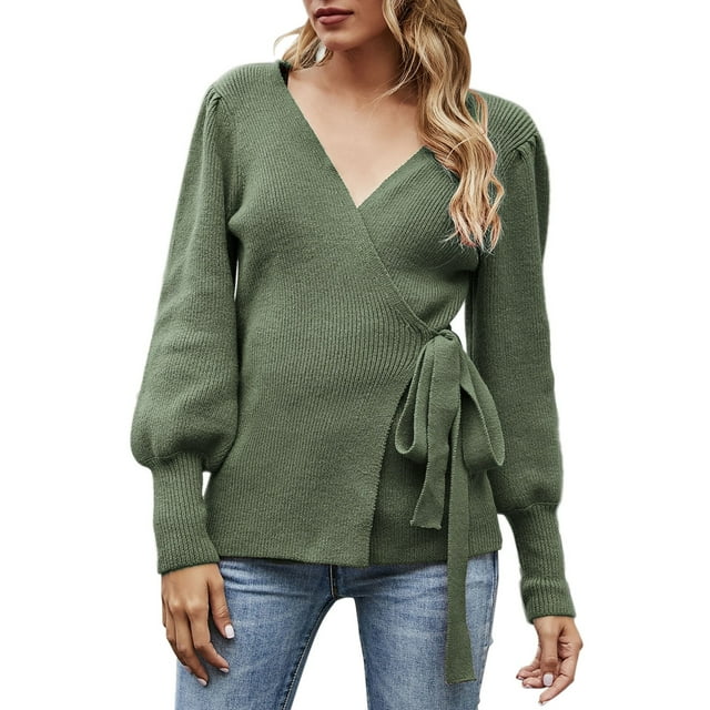Prolriy Chandails pour Femmes, Chandail Cache-Cœur Col en V Automne Hiver Manches Ballon Tricoté Côtelé Chandail à Nouer devant Haut Jumper Chandails Femmes Hauts Femmes
