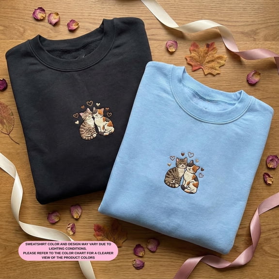 Embroidered Tabby Cat Sweatshirt, Cute Kitten Couple Sweater, Couple Matching Cat Lover Gift, Valentine's Day Pet Apparel