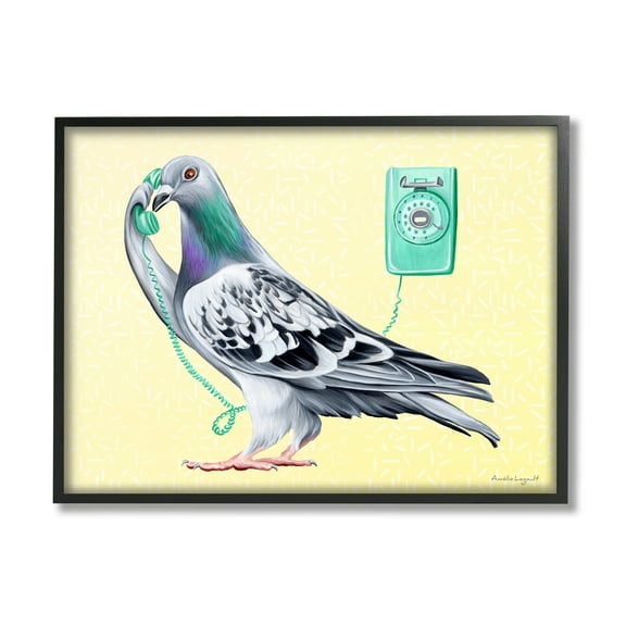 Stupell Industries Pastel Pigeon Vintage Phone Call Yellow Background Graphic Art Black Framed Art Print Wall Art, Design by Amelie Legault