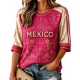 thumbnail image 2 of Mexico 2026 Soccer Cup Fan Jersey for Women, Round Neck Three-Quarter Sleeve T-Shirt with Vintage Floral & Letter Print, Breathable Casual Sports Tee Pullover Top, 1 PC Hot Pink XL, 2 of 4