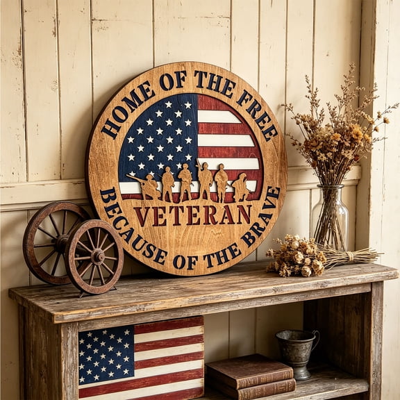 erdimoy 12" Patriotic Veteran Wooden Sign, "Home of the Free Because of the Brave" American Flag Wall Decor for 4th of July, Memorial Day