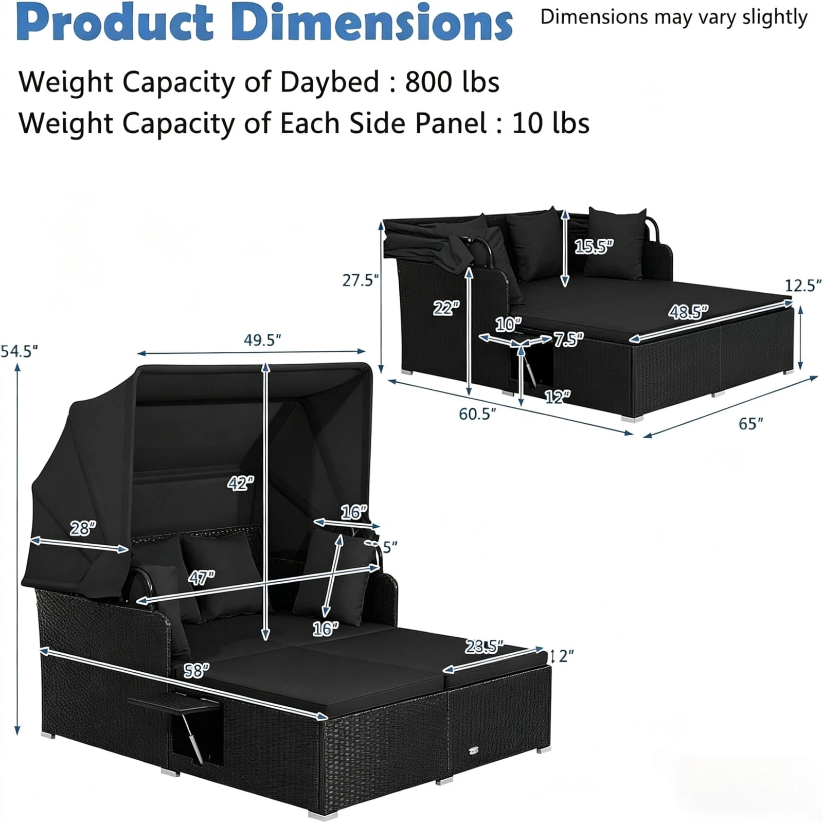 Hommoo Patio Rattan PE Wicker Daybed Lounge with Retractable Canopy and Side Tables, Black