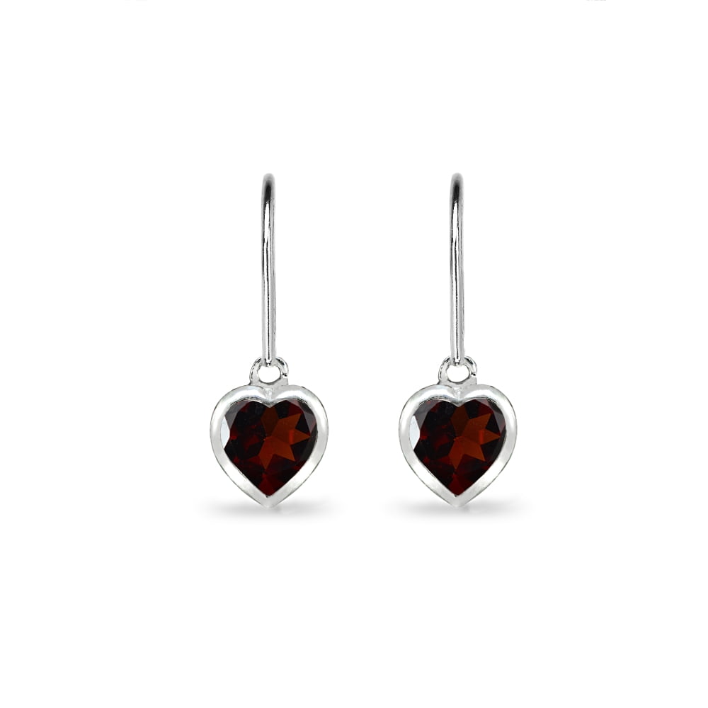 Garnet 6mm Heart Bezel-Set Dainty Dangle Leverback Earrings in Sterling Silver