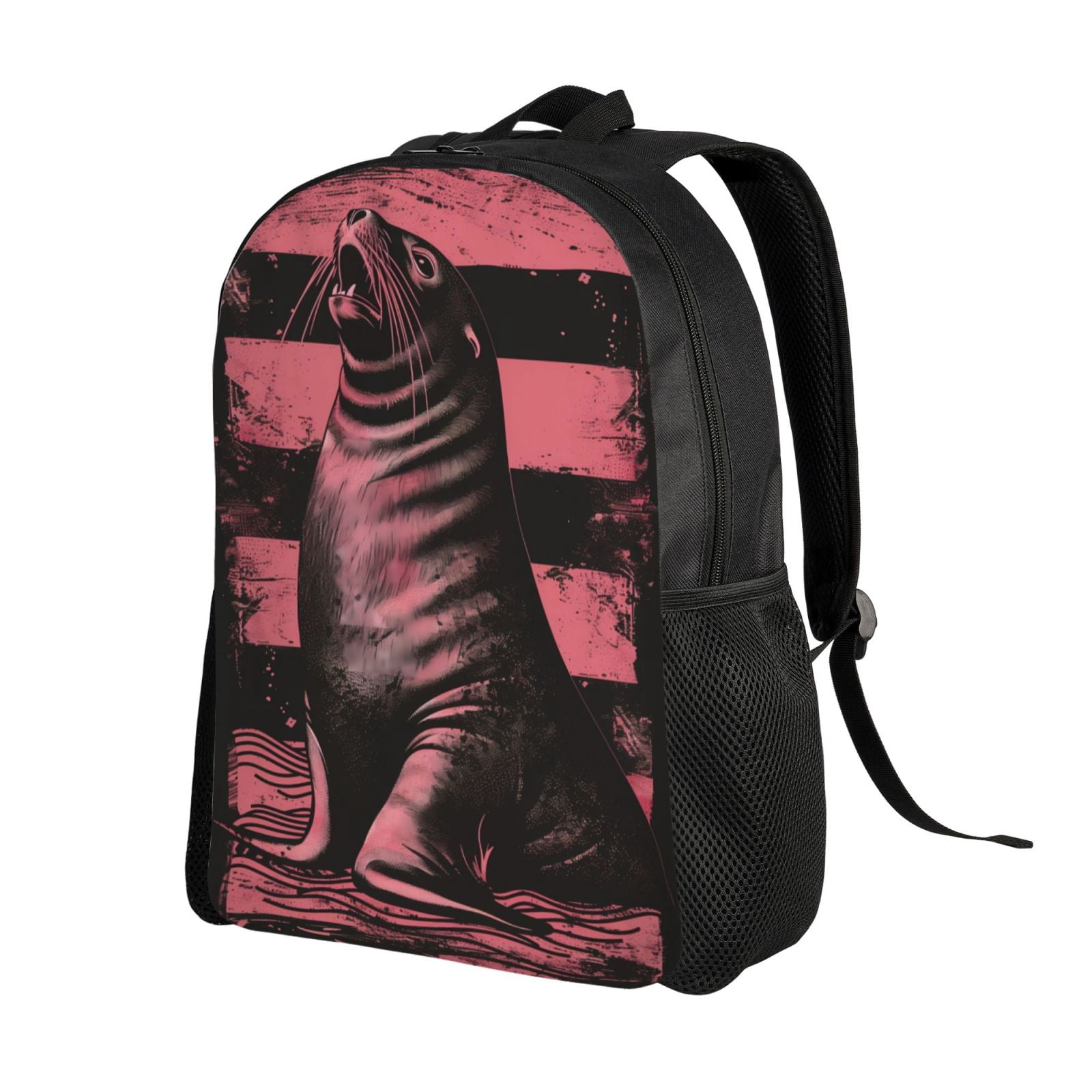 Xecao Graphic Seal On Stripes Print School Backpack with Laptop Compartment Small Travel Laptop Backpack for Women Men Waterproof College Backpack Simple School Bag