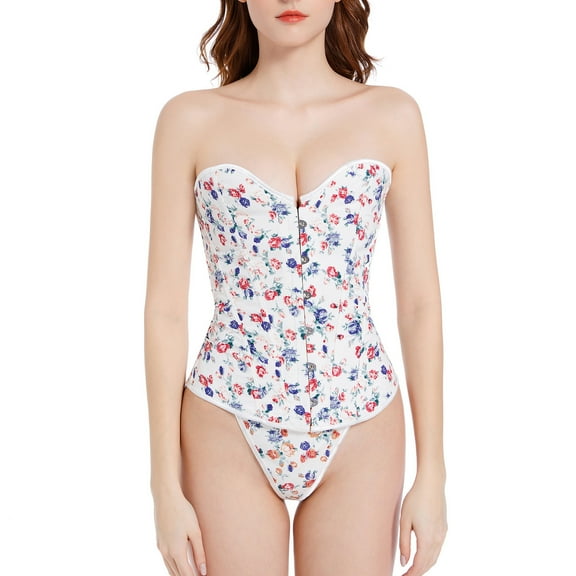 Fesfesfes Women Overbust Corset Bustier Lingerie Bodysuit Gothic Shapewear Floral Printed Underwear Under $10